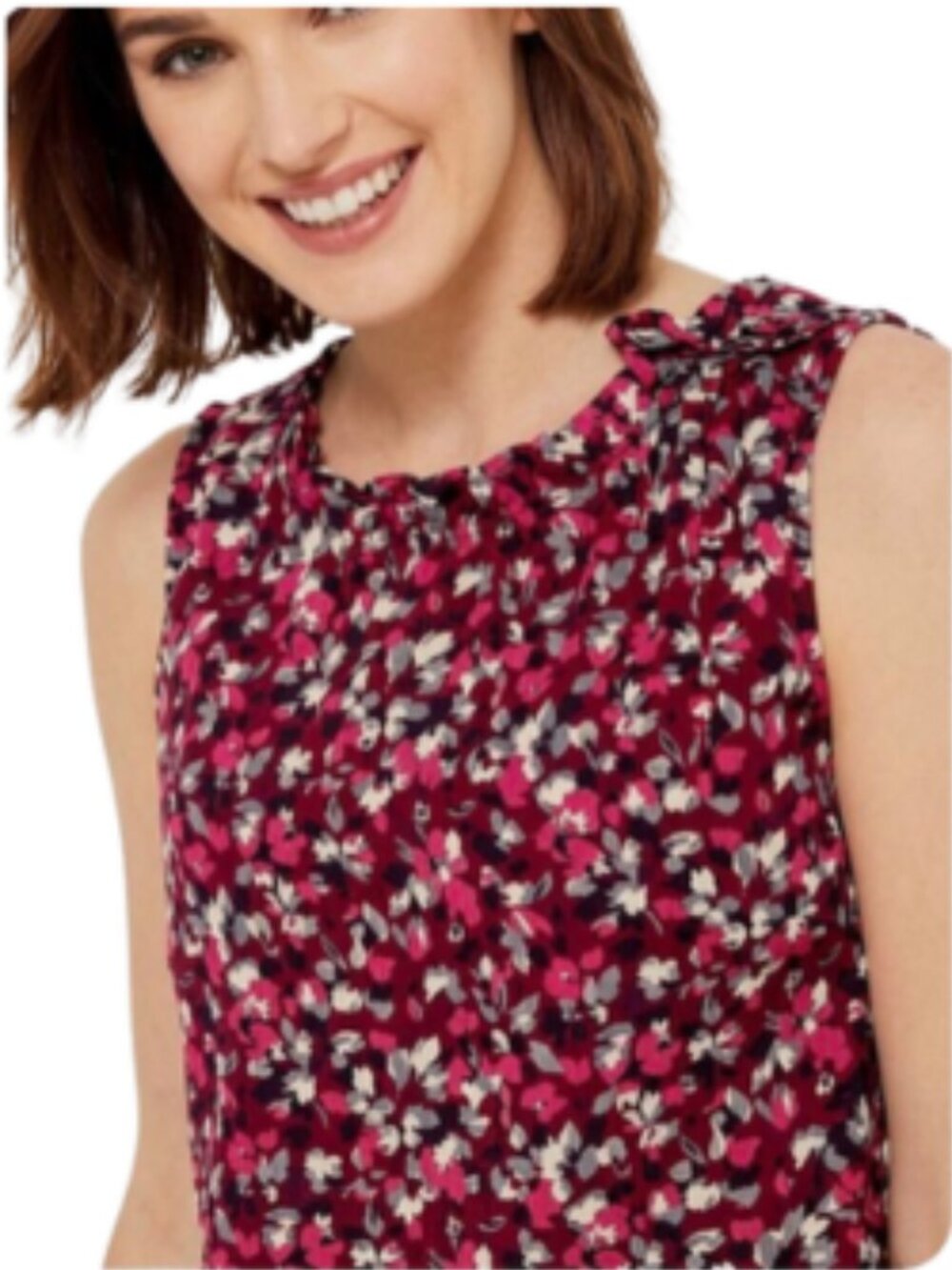 Talbots Sleeveless Confetti Top Burgundy Pink White Pleated Neckline Fun, Medium